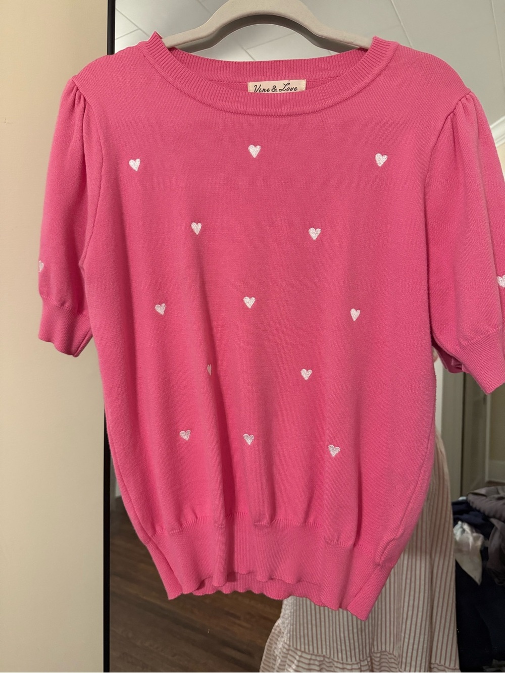 Vine & Love Hot Pink Short-Sleeve Knit Top with White Hearts